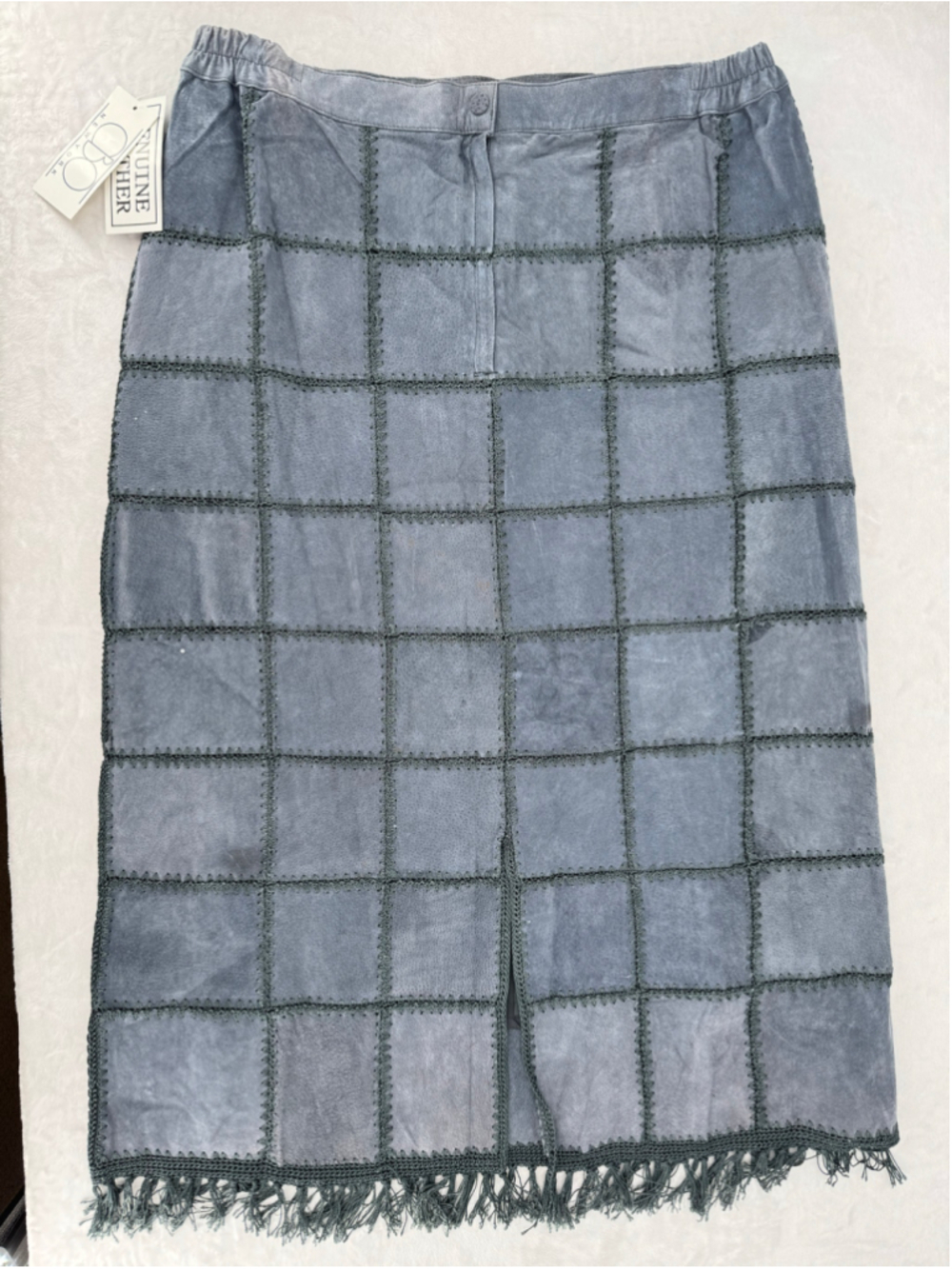Vintage Gray Patchwork Genuine Suede Skirt Crochet Fringed Midi Boho Size 3X